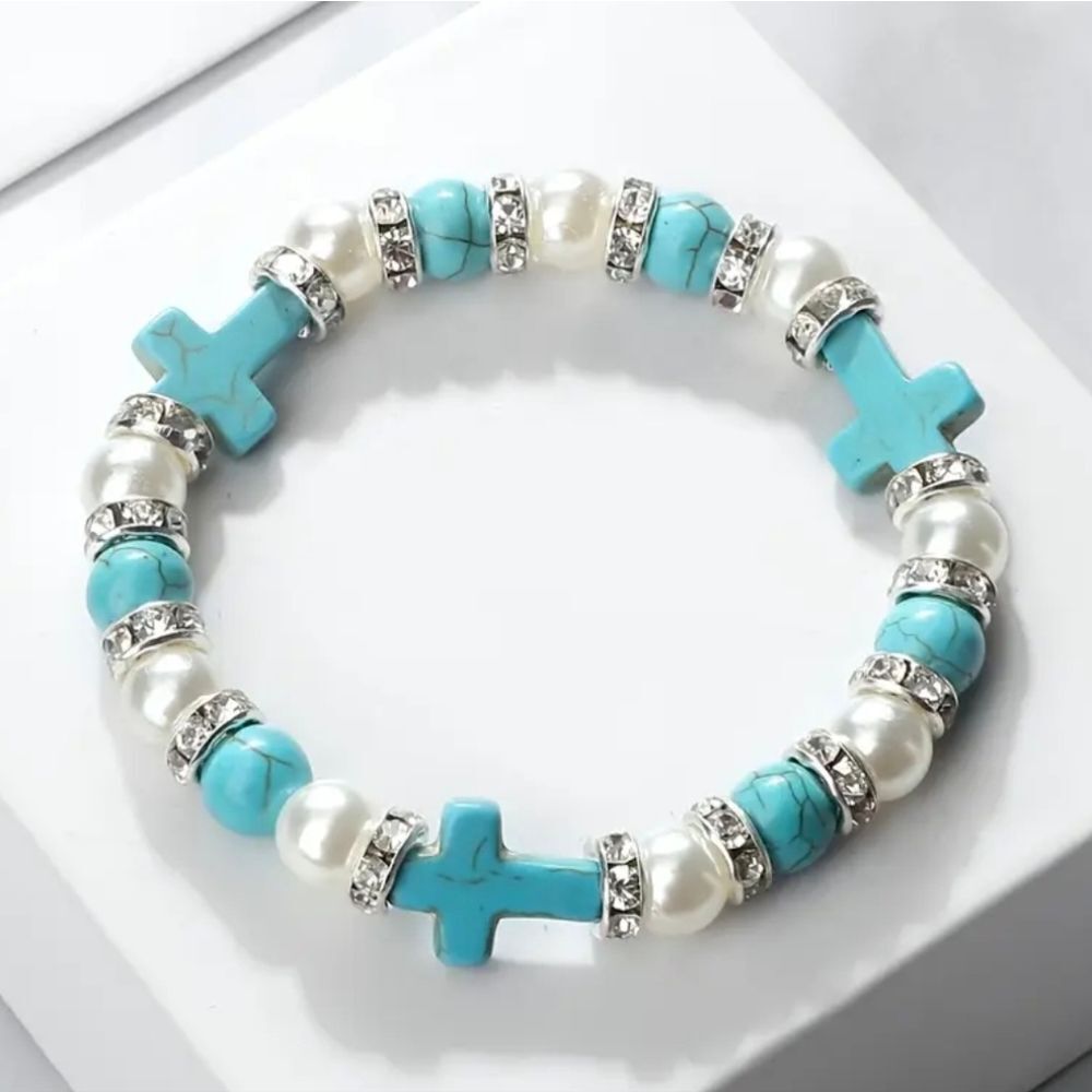 Boho Turqouise Rhinestone Cross Pearl Bracelet